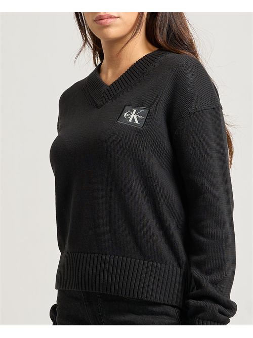 Maglione donna Calvin Klein con stemma e scollo a V CALVIN KLEIN | LV047D352GUB1